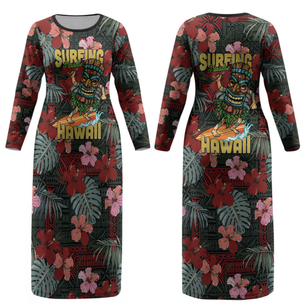 Hawaii Tiki Surfing Couples Matching Long Sleeve Bodycon Dress and Long Sleeve Button Shirt Mele Kalikimaka i Iulai! LT9 - Polynesian Pride