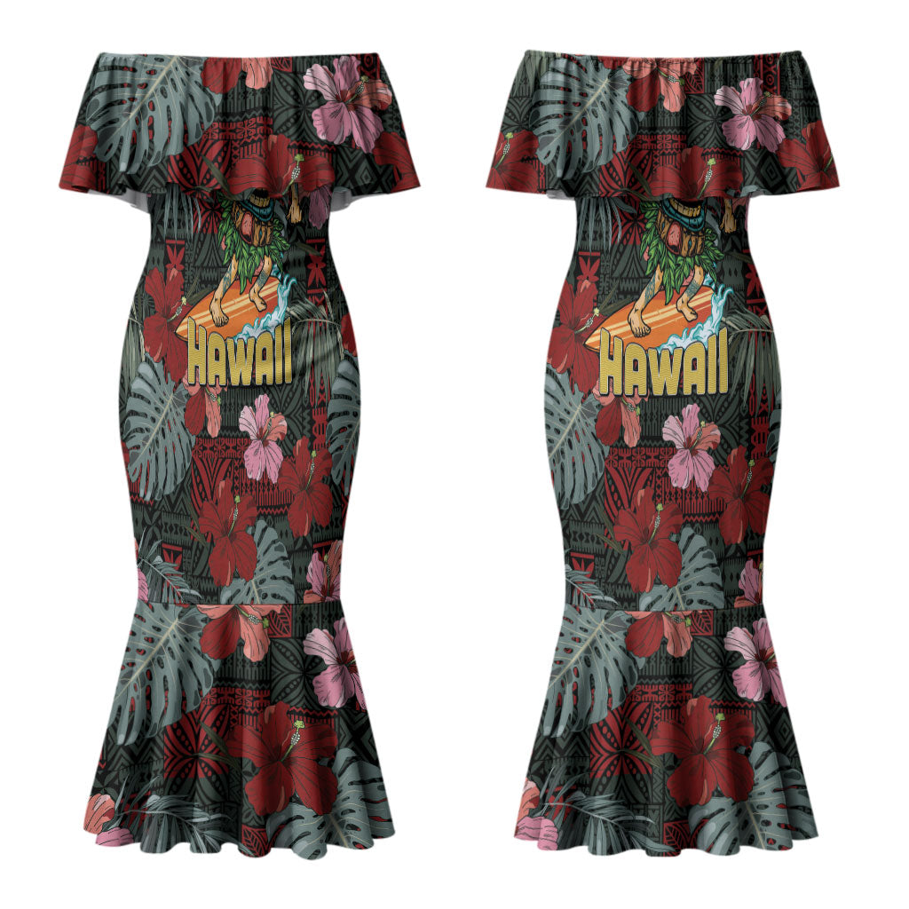 Hawaii Tiki Surfing Couples Matching Mermaid Dress and Long Sleeve Button Shirt Mele Kalikimaka i Iulai! LT9 - Polynesian Pride