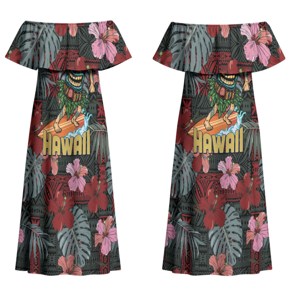 Hawaii Tiki Surfing Couples Matching Off Shoulder Maxi Dress and Hawaiian Shirt Mele Kalikimaka i Iulai! LT9 - Polynesian Pride