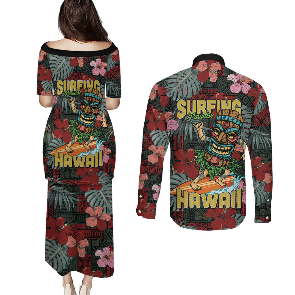 Hawaii Tiki Surfing Couples Matching Puletasi and Long Sleeve Button Shirt Mele Kalikimaka i Iulai!