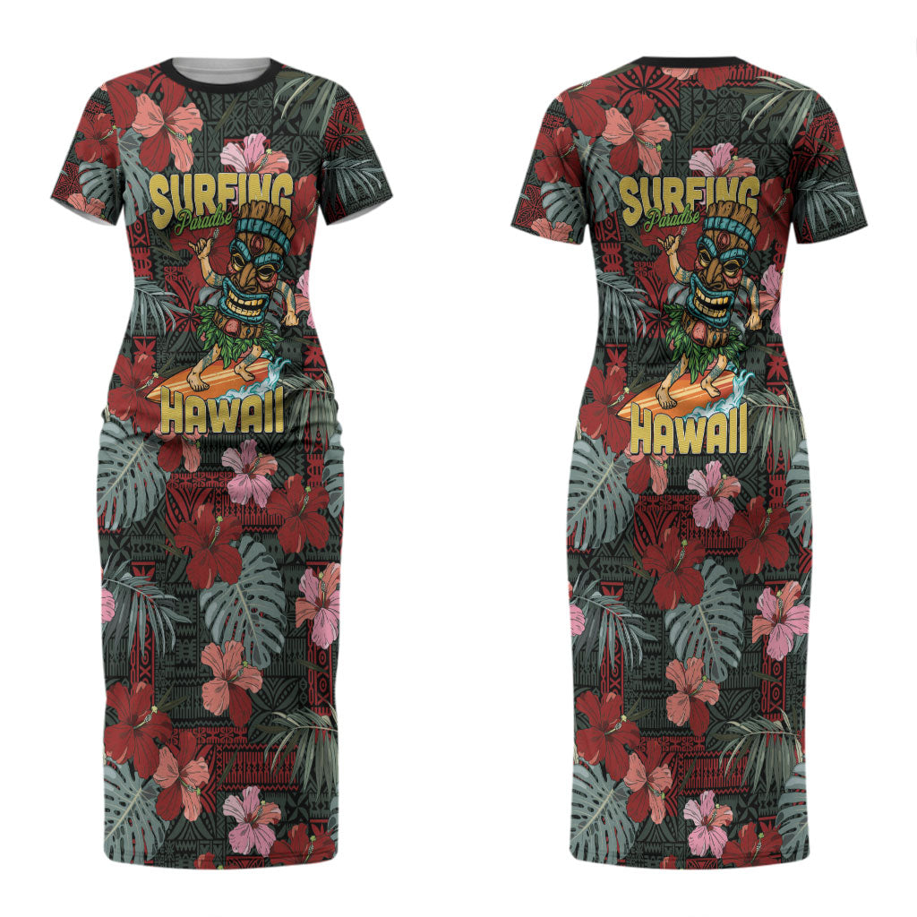 Hawaii Tiki Surfing Couples Matching Short Sleeve Bodycon Dress and Hawaiian Shirt Mele Kalikimaka i Iulai! LT9 - Polynesian Pride