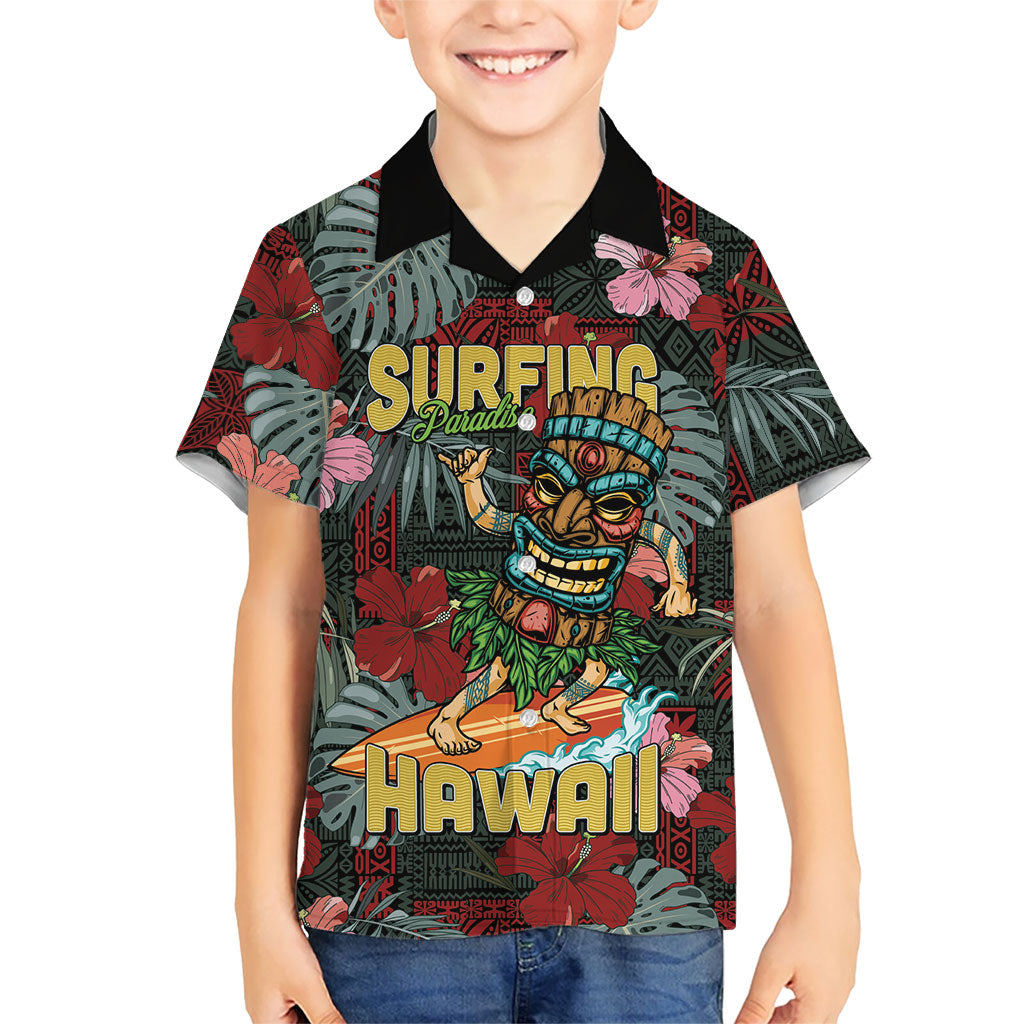 Hawaii Tiki Surfing Family Matching Mermaid Dress and Hawaiian Shirt Mele Kalikimaka i Iulai! LT9 Son's Shirt Black - Polynesian Pride