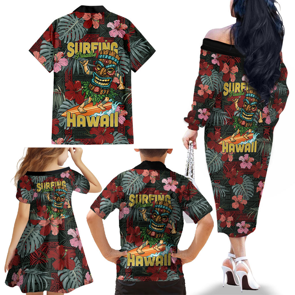 Hawaii Tiki Surfing Family Matching Off The Shoulder Long Sleeve Dress and Hawaiian Shirt Mele Kalikimaka i Iulai! LT9 - Polynesian Pride