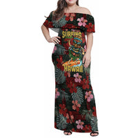 Hawaii Tiki Surfing Family Matching Off Shoulder Maxi Dress and Hawaiian Shirt Mele Kalikimaka i Iulai! LT9 Mom's Dress Black - Polynesian Pride