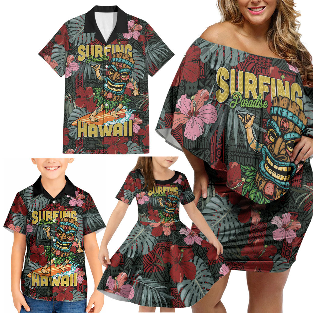Hawaii Tiki Surfing Family Matching Off Shoulder Short Dress and Hawaiian Shirt Mele Kalikimaka i Iulai! LT9 - Polynesian Pride
