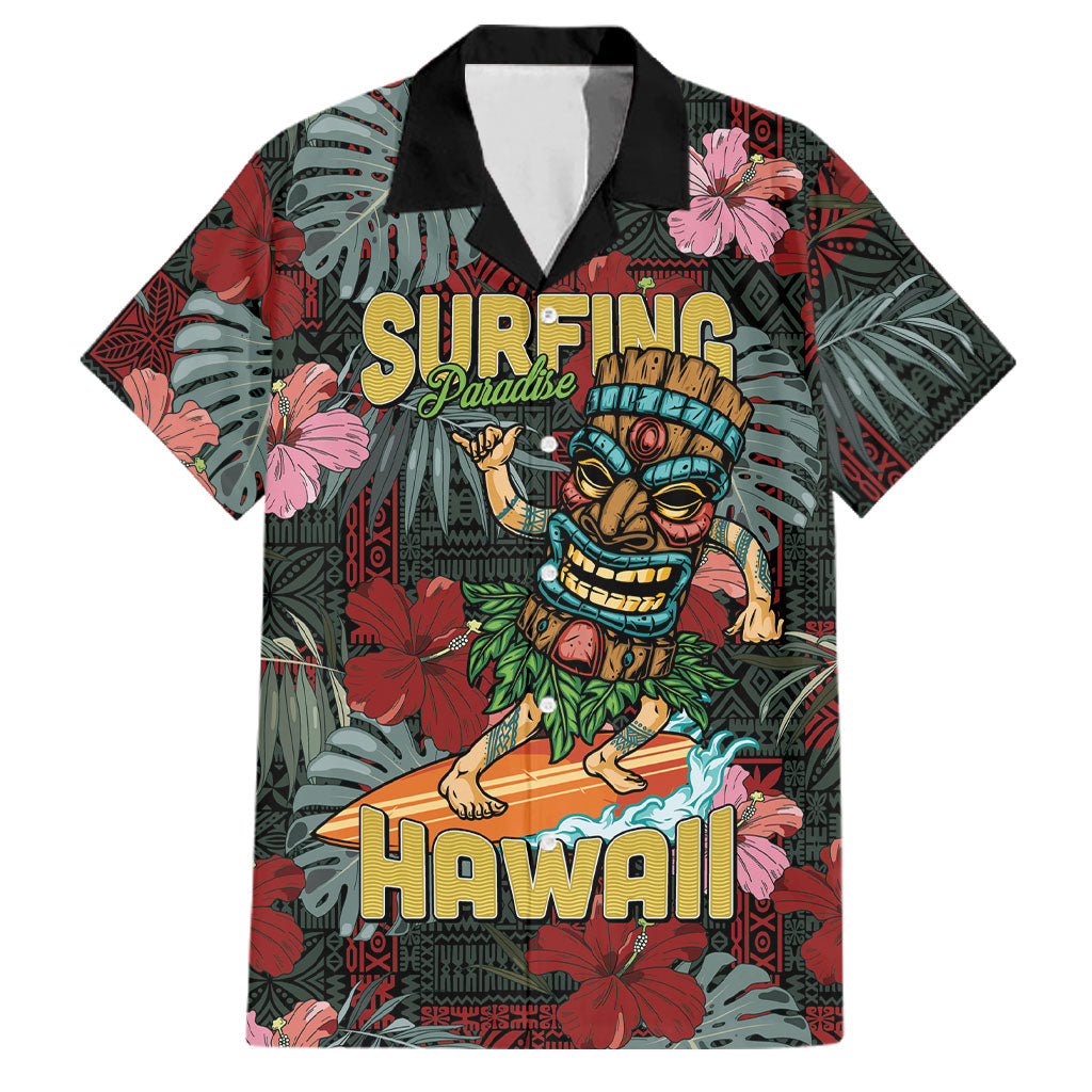 Hawaii Tiki Surfing Family Matching Puletasi and Hawaiian Shirt Mele Kalikimaka i Iulai! LT9 Dad's Shirt - Short Sleeve Black - Polynesian Pride