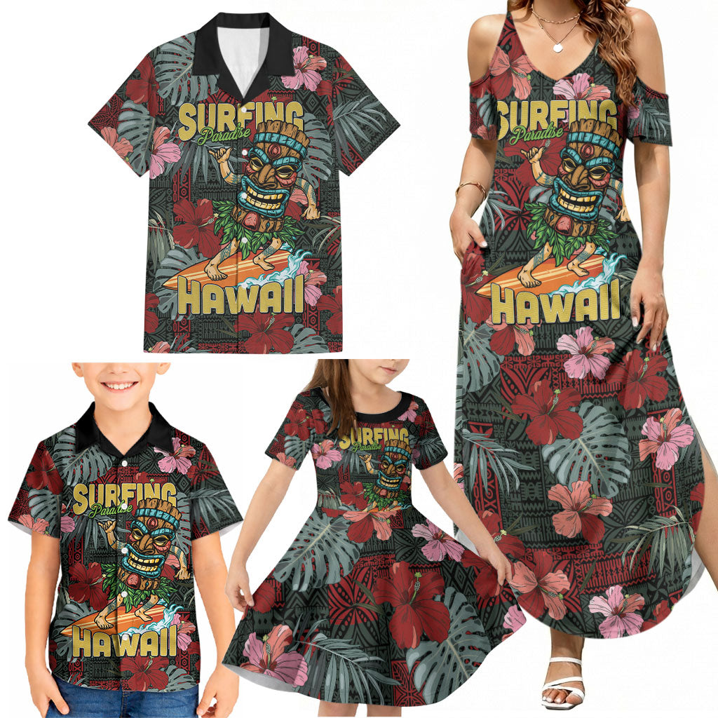 Hawaii Tiki Surfing Family Matching Summer Maxi Dress and Hawaiian Shirt Mele Kalikimaka i Iulai! LT9 - Polynesian Pride