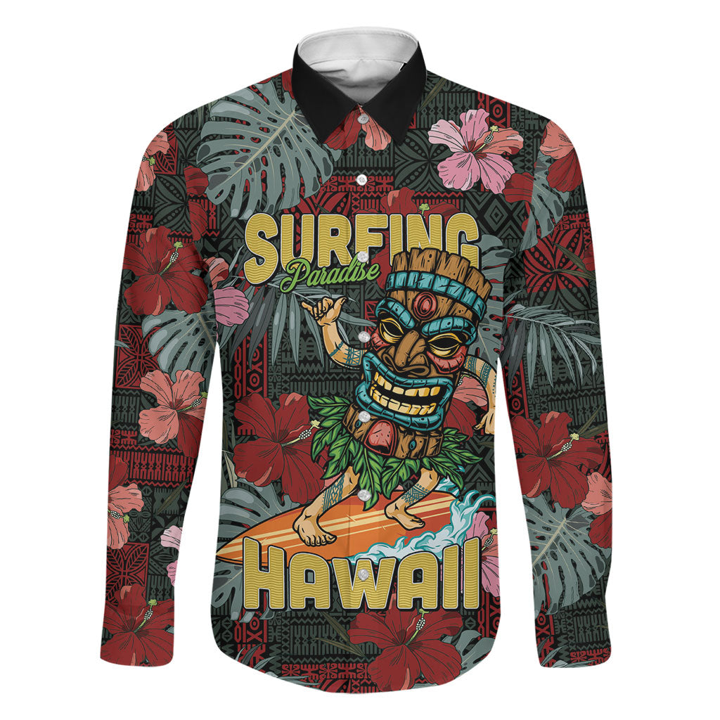 Hawaii Tiki Surfing Family Matching Summer Maxi Dress and Hawaiian Shirt Mele Kalikimaka i Iulai! LT9 Dad's Shirt - Long Sleeve Black - Polynesian Pride