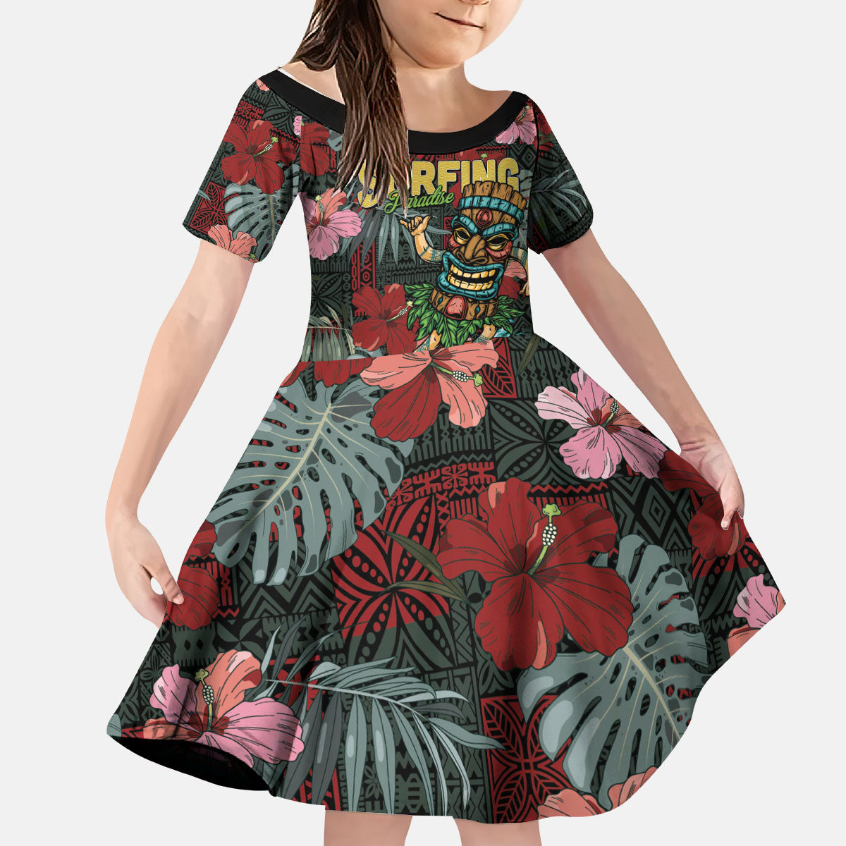 Hawaii Tiki Surfing Kid Short Sleeve Dress Mele Kalikimaka i Iulai!