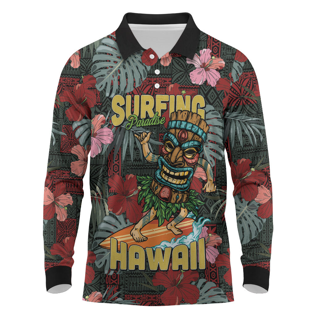 Hawaii Tiki Surfing Long Sleeve Polo Shirt Mele Kalikimaka i Iulai!