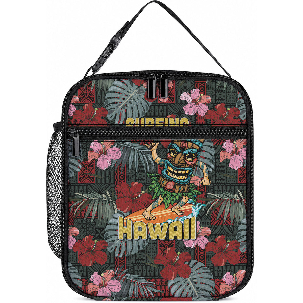 Hawaii Tiki Surfing Lunch Bag Mele Kalikimaka i Iulai! LT9 10.2 × 8.3 × 4.3 inch Black - Polynesian Pride