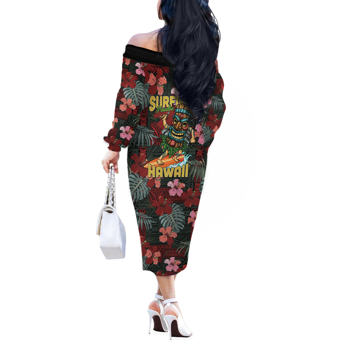 Hawaii Tiki Surfing Off The Shoulder Long Sleeve Dress Mele Kalikimaka i Iulai!