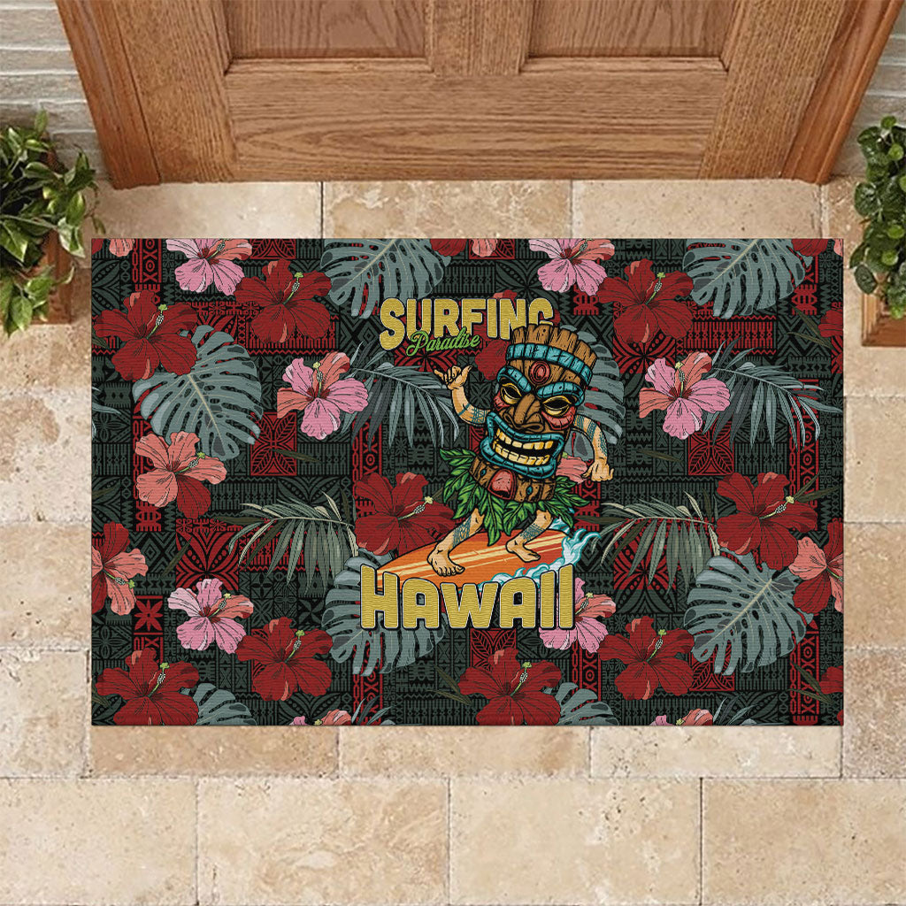 Hawaii Tiki Surfing Rubber Doormat Mele Kalikimaka i Iulai!