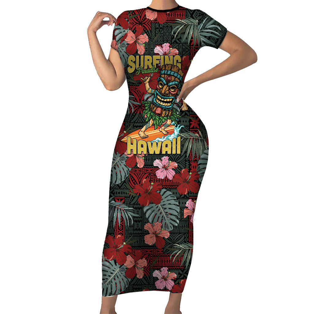 Hawaii Tiki Surfing Short Sleeve Bodycon Dress Mele Kalikimaka i Iulai!