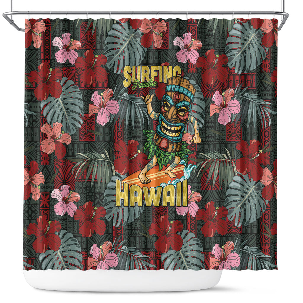 Hawaii Tiki Surfing Shower Curtain Mele Kalikimaka i Iulai!