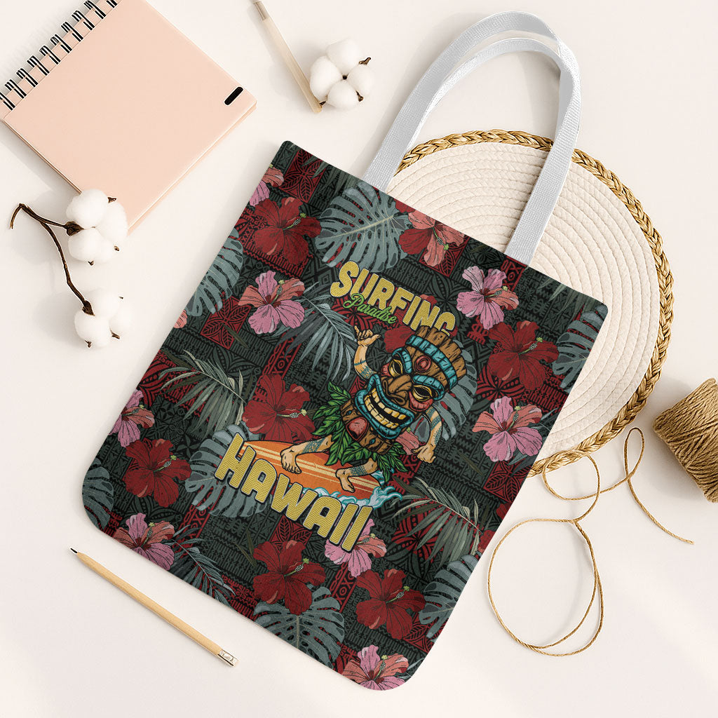 Hawaii Tiki Surfing Tote Bag Mele Kalikimaka i Iulai!