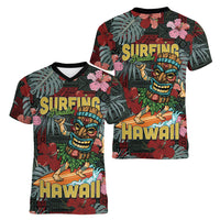 Hawaii Tiki Surfing Women V-Neck T-Shirt Mele Kalikimaka i Iulai!