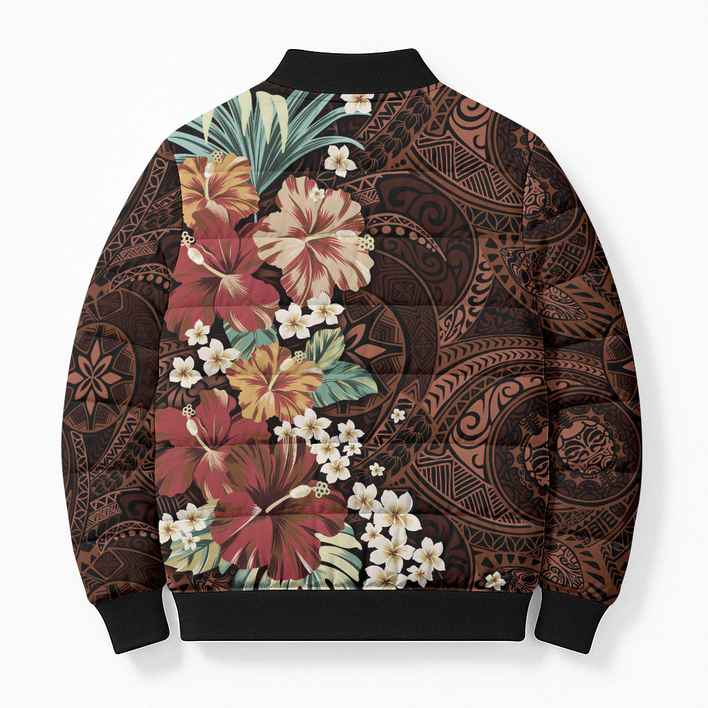 Kanoa Hawai'i Hibiscus Bomber Puffer Jacket Polynesian Tribal Tattoo Pattern Floral Elements