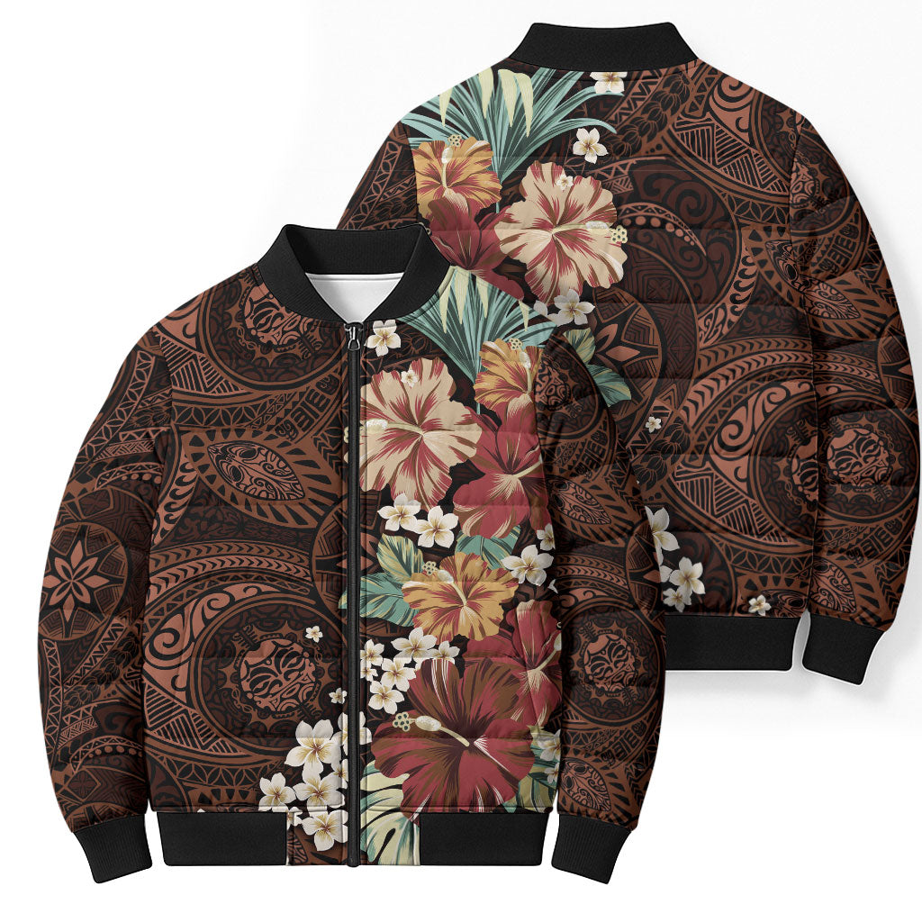 Kanoa Hawai'i Hibiscus Bomber Puffer Jacket Polynesian Tribal Tattoo Pattern Floral Elements