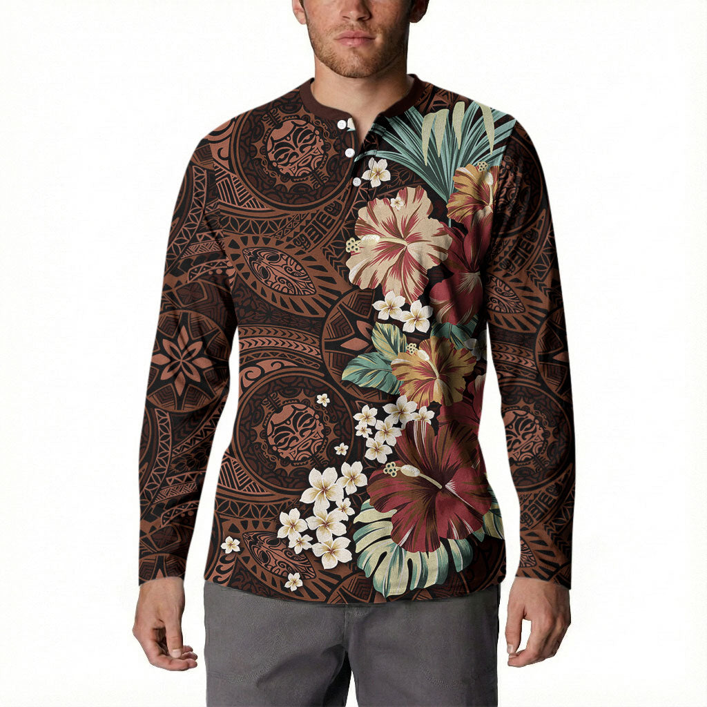 Kanoa Hawai'i Hibiscus Button Sweatshirt Polynesian Tribal Tattoo Pattern Floral Elements