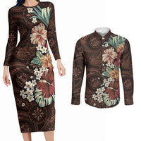 Kanoa Hawai'i Hibiscus Couples Matching Long Sleeve Bodycon Dress and Long Sleeve Button Shirt Polynesian Tribal Tattoo Pattern Floral Elements