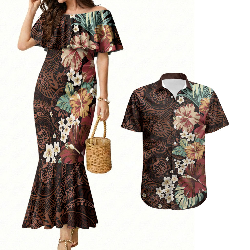 Kanoa Hawai'i Hibiscus Couples Matching Mermaid Dress and Hawaiian Shirt Polynesian Tribal Tattoo Pattern Floral Elements