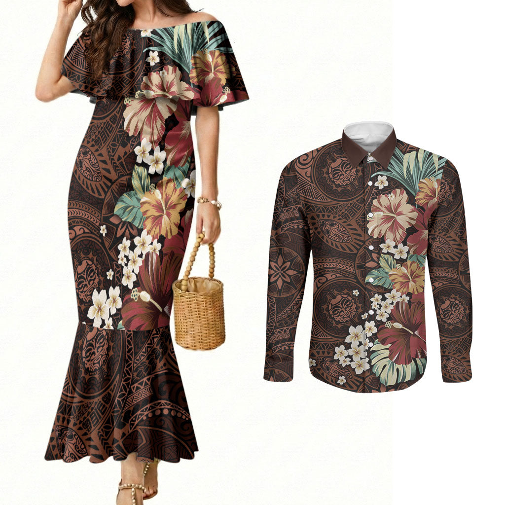 Kanoa Hawai'i Hibiscus Couples Matching Mermaid Dress and Long Sleeve Button Shirt Polynesian Tribal Tattoo Pattern Floral Elements