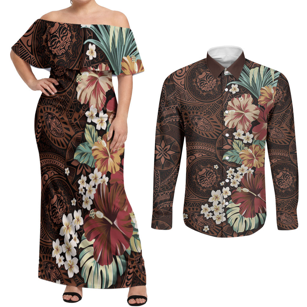 Kanoa Hawai'i Hibiscus Couples Matching Off Shoulder Maxi Dress and Long Sleeve Button Shirt Polynesian Tribal Tattoo Pattern Floral Elements