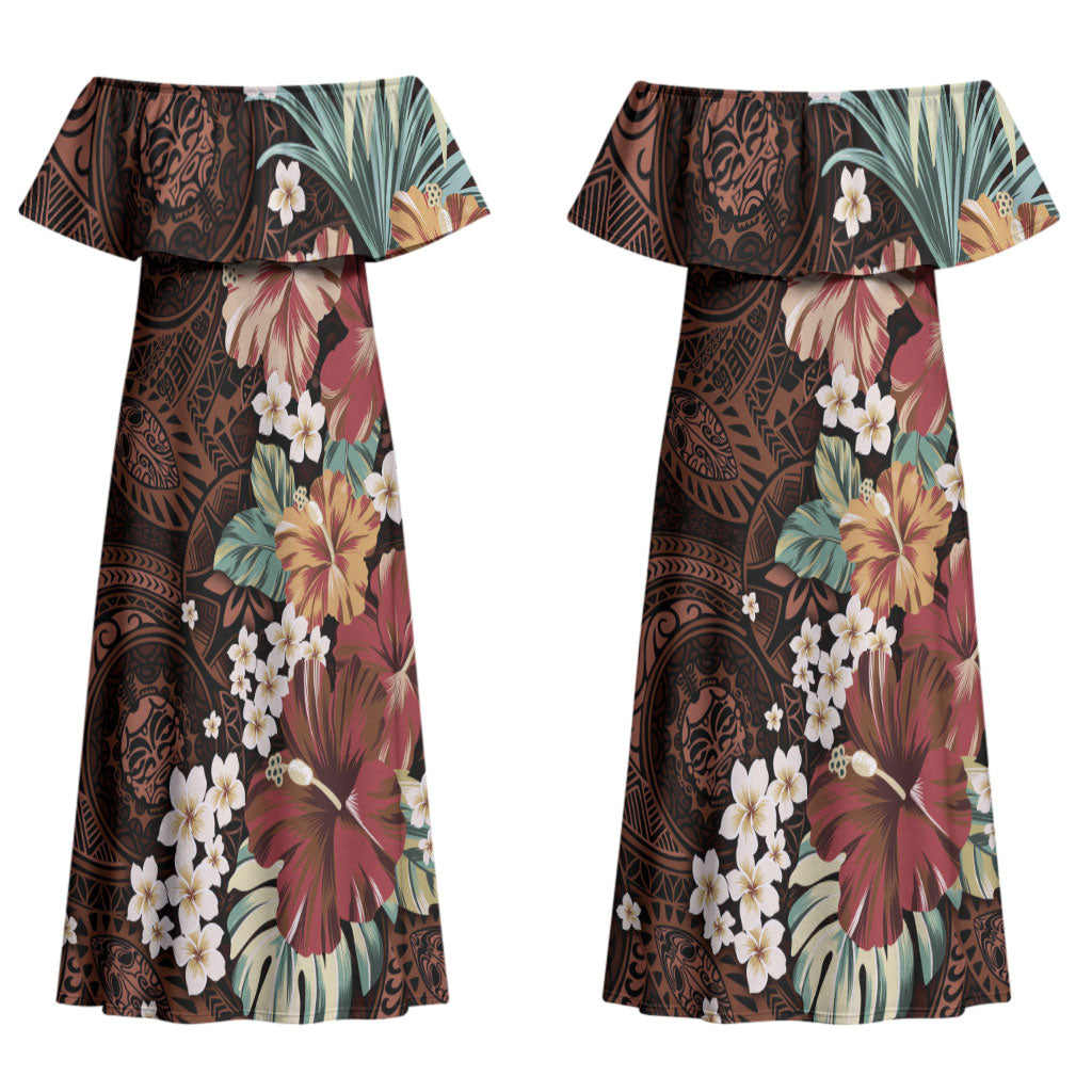 Kanoa Hawai'i Hibiscus Couples Matching Off Shoulder Maxi Dress and Long Sleeve Button Shirt Polynesian Tribal Tattoo Pattern Floral Elements