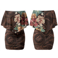 Kanoa Hawai'i Hibiscus Couples Matching Off Shoulder Short Dress and Long Sleeve Button Shirt Polynesian Tribal Tattoo Pattern Floral Elements