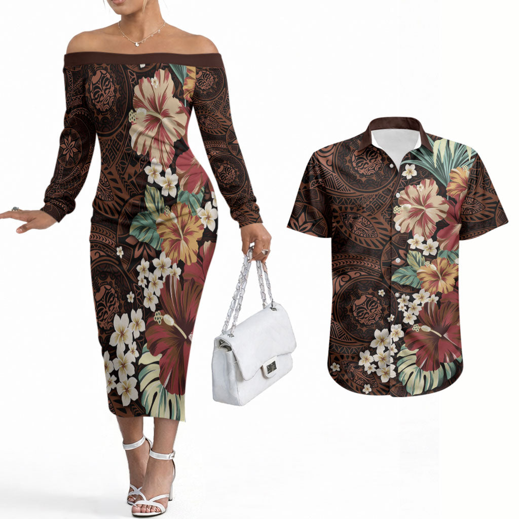 Kanoa Hawai'i Hibiscus Couples Matching Off The Shoulder Long Sleeve Dress and Hawaiian Shirt Polynesian Tribal Tattoo Pattern Floral Elements