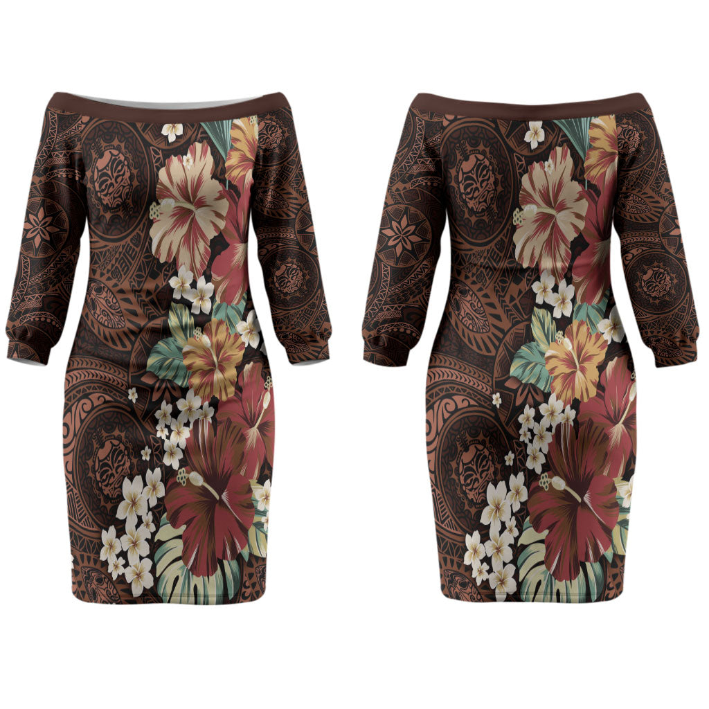 Kanoa Hawai'i Hibiscus Couples Matching Off The Shoulder Long Sleeve Dress and Hawaiian Shirt Polynesian Tribal Tattoo Pattern Floral Elements