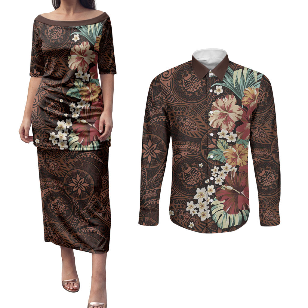 Kanoa Hawai'i Hibiscus Couples Matching Puletasi and Long Sleeve Button Shirt Polynesian Tribal Tattoo Pattern Floral Elements