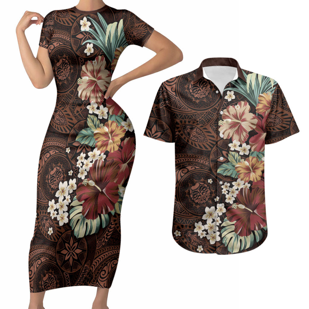 Kanoa Hawai'i Hibiscus Couples Matching Short Sleeve Bodycon Dress and Hawaiian Shirt Polynesian Tribal Tattoo Pattern Floral Elements
