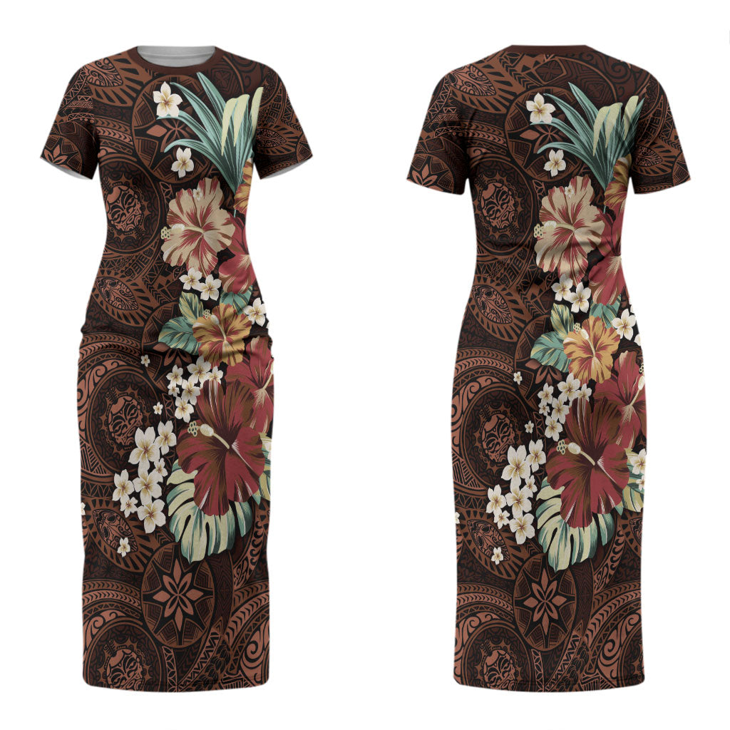 Kanoa Hawai'i Hibiscus Couples Matching Short Sleeve Bodycon Dress and Hawaiian Shirt Polynesian Tribal Tattoo Pattern Floral Elements