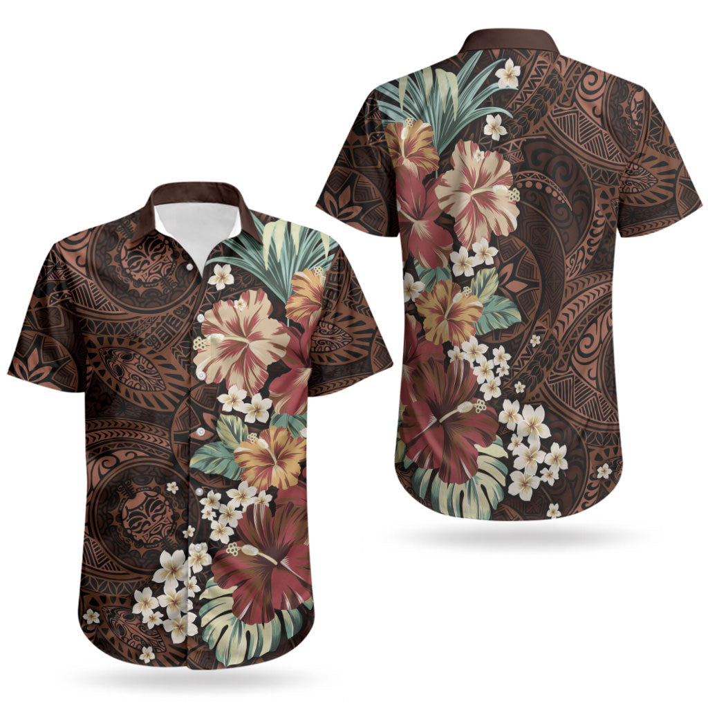 Kanoa Hawai'i Hibiscus Couples Matching Summer Maxi Dress and Hawaiian Shirt Polynesian Tribal Tattoo Pattern Floral Elements