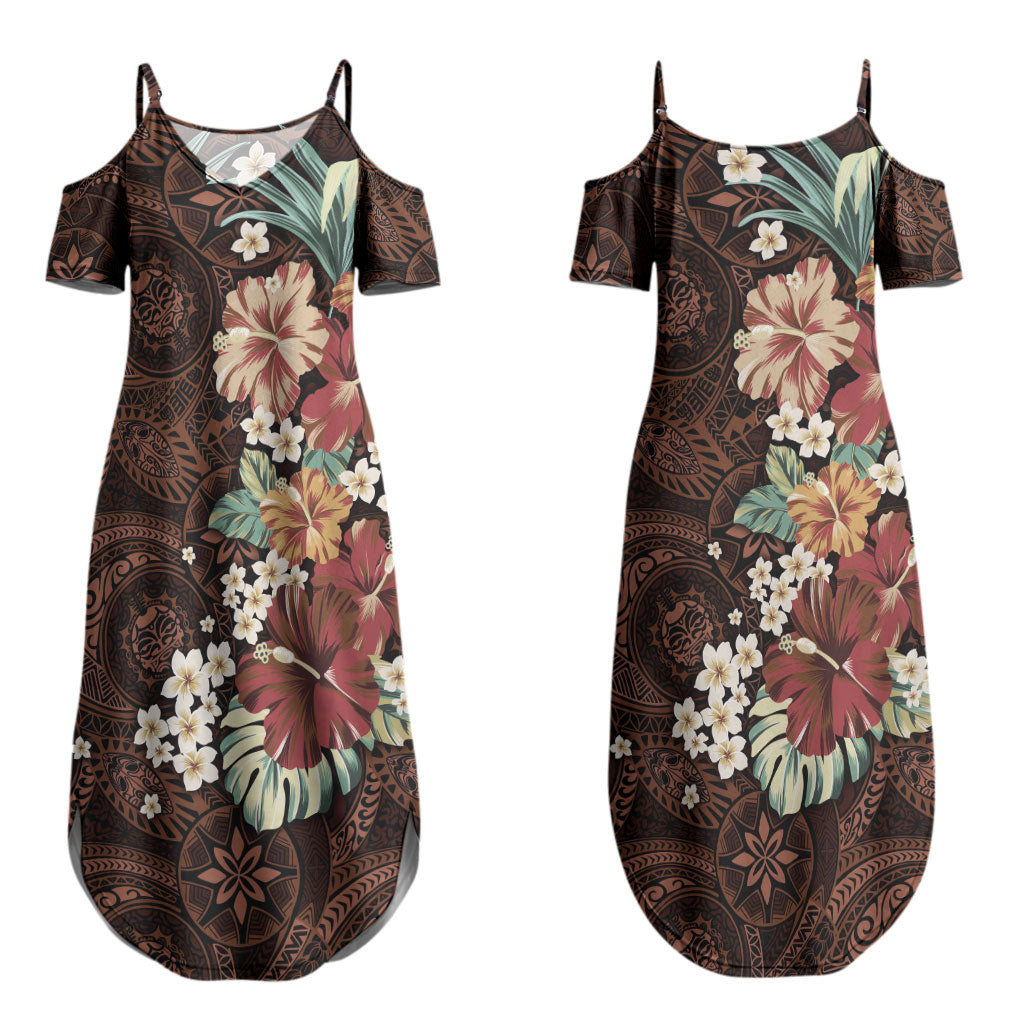 Kanoa Hawai'i Hibiscus Couples Matching Summer Maxi Dress and Long Sleeve Button Shirt Polynesian Tribal Tattoo Pattern Floral Elements