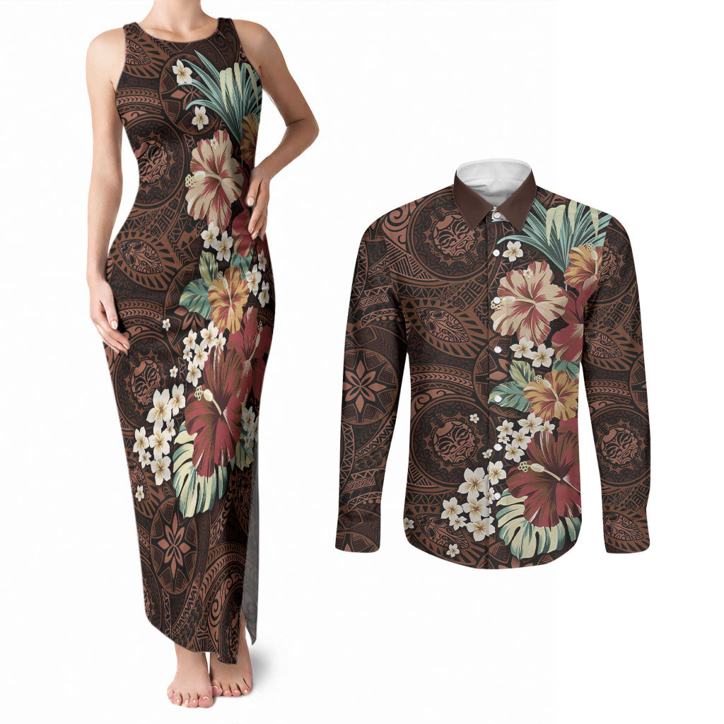 Kanoa Hawai'i Hibiscus Couples Matching Tank Maxi Dress and Long Sleeve Button Shirt Polynesian Tribal Tattoo Pattern Floral Elements