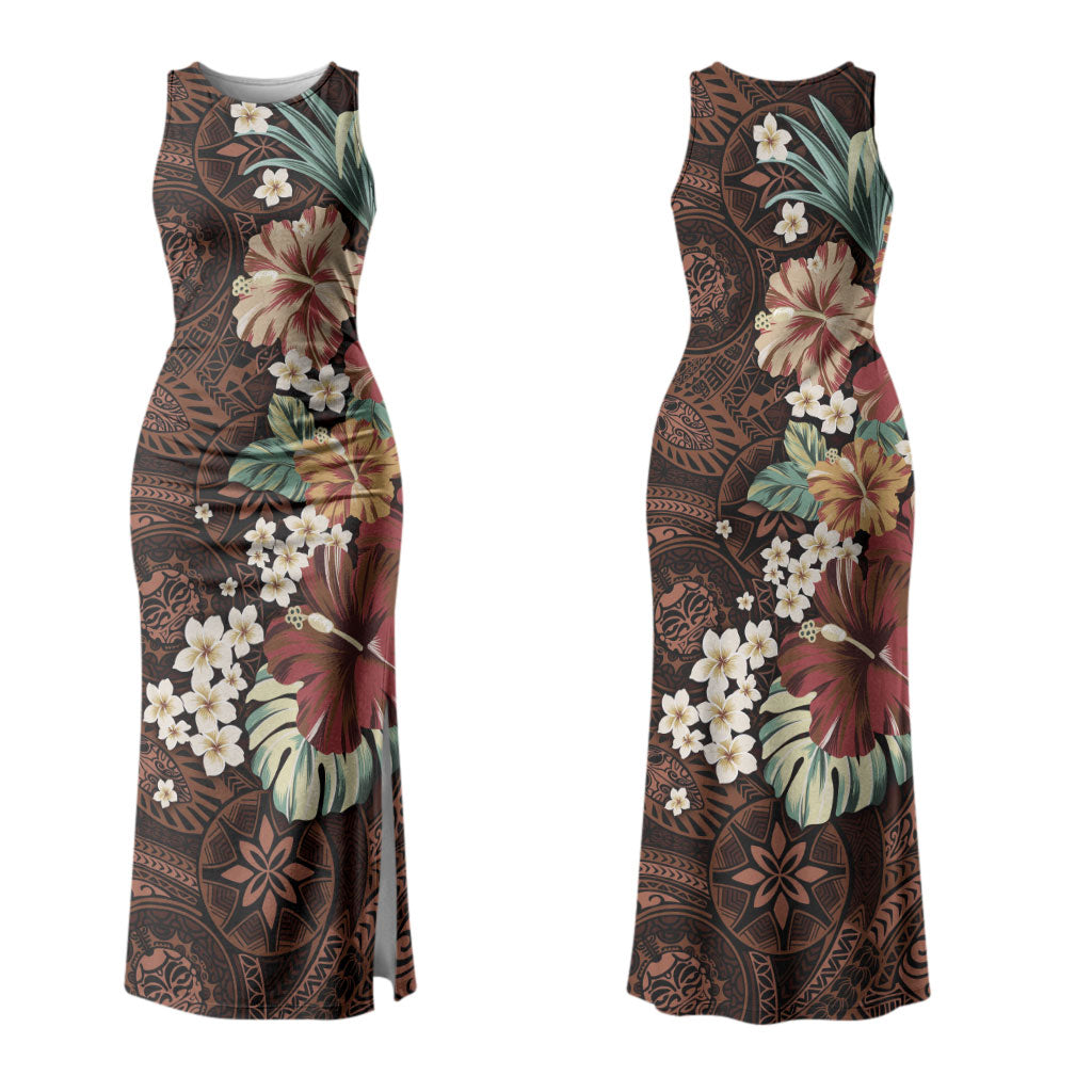 Kanoa Hawai'i Hibiscus Couples Matching Tank Maxi Dress and Long Sleeve Button Shirt Polynesian Tribal Tattoo Pattern Floral Elements