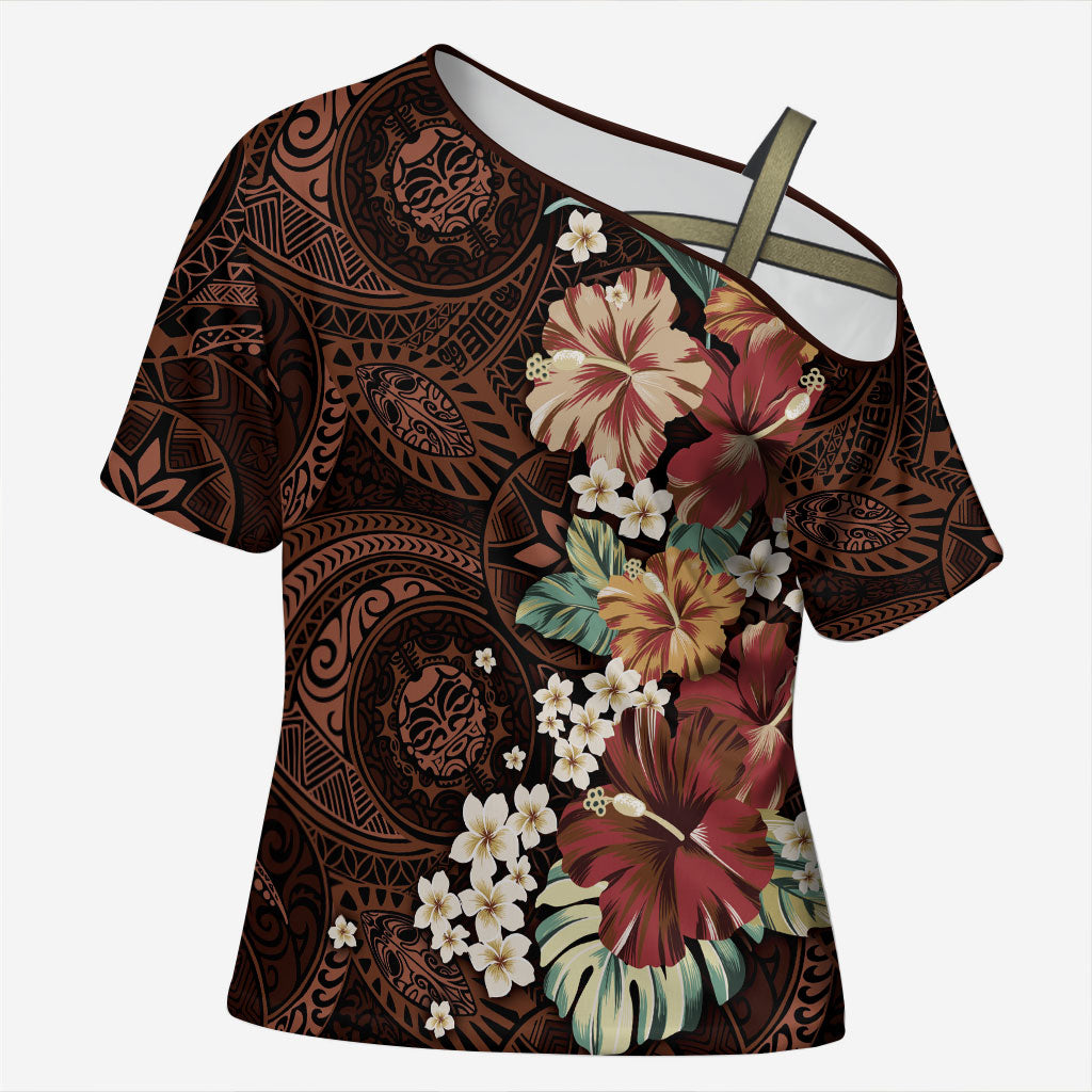 Kanoa Hawai'i Hibiscus Cross Shoulder Shirt Polynesian Tribal Tattoo Pattern Floral Elements