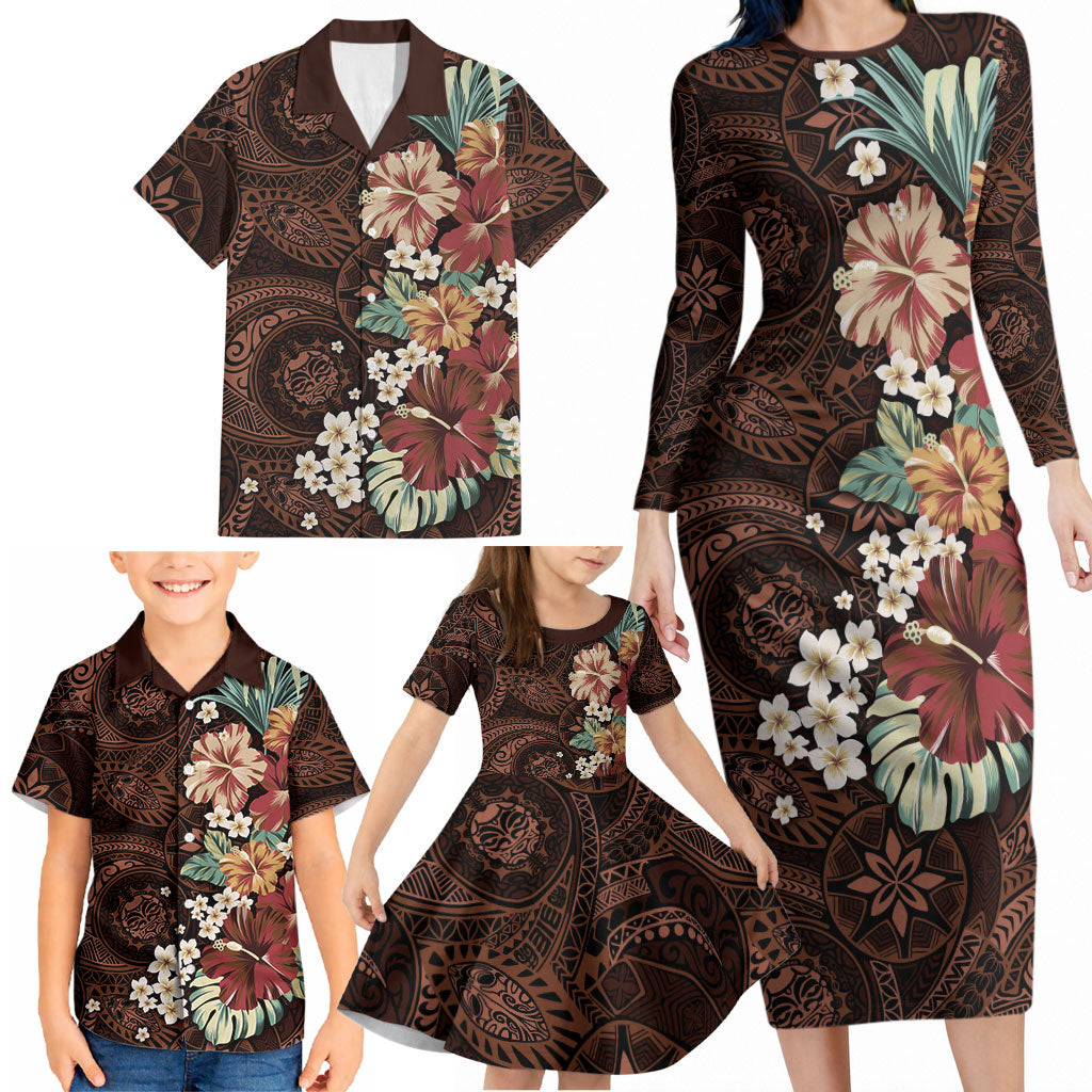 Kanoa Hawai'i Hibiscus Family Matching Long Sleeve Bodycon Dress and Hawaiian Shirt Polynesian Tribal Tattoo Pattern Floral Elements