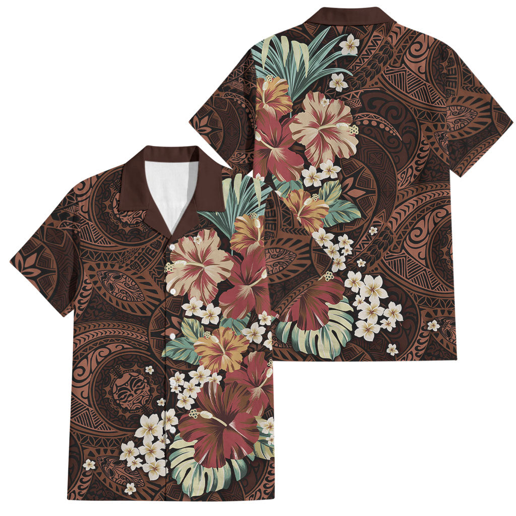 Kanoa Hawai'i Hibiscus Family Matching Long Sleeve Bodycon Dress and Hawaiian Shirt Polynesian Tribal Tattoo Pattern Floral Elements