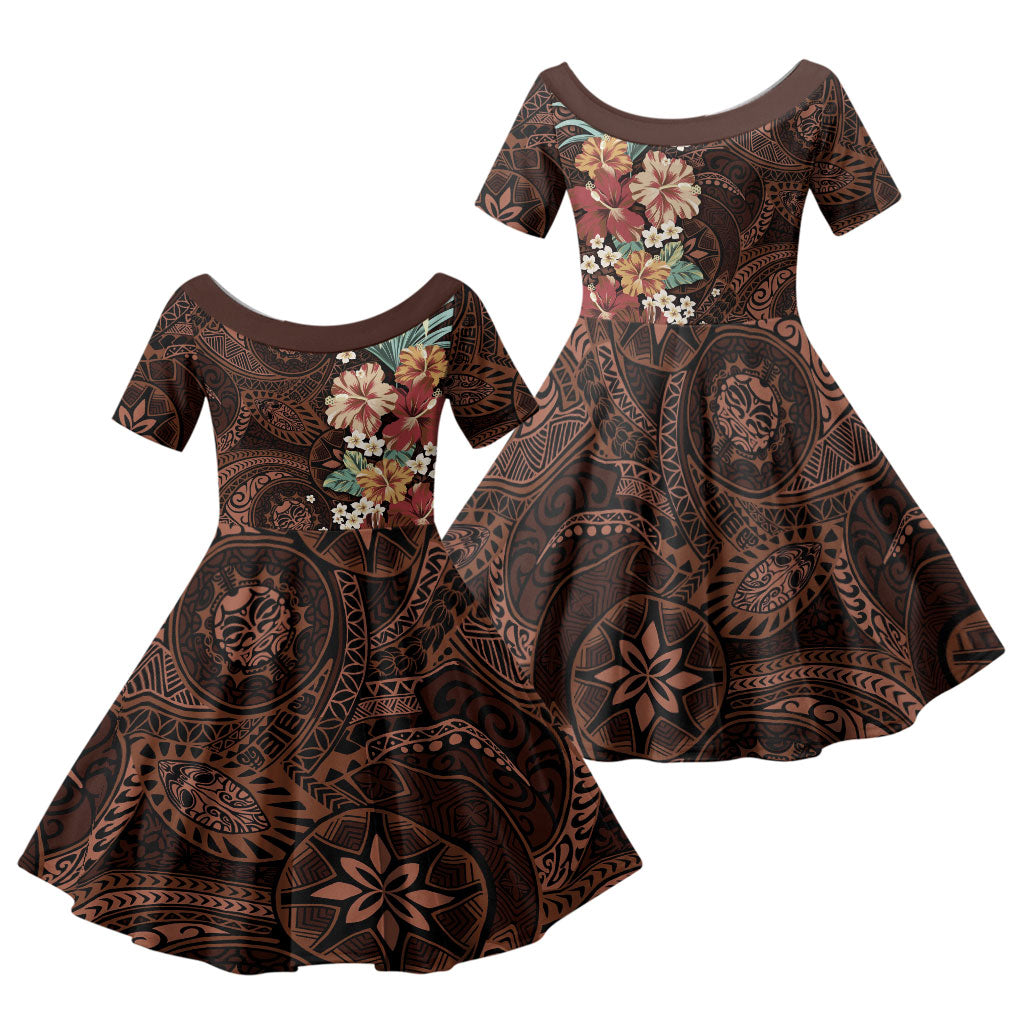 Kanoa Hawai'i Hibiscus Family Matching Long Sleeve Bodycon Dress and Hawaiian Shirt Polynesian Tribal Tattoo Pattern Floral Elements