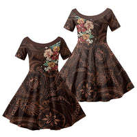 Kanoa Hawai'i Hibiscus Family Matching Off The Shoulder Long Sleeve Dress and Hawaiian Shirt Polynesian Tribal Tattoo Pattern Floral Elements