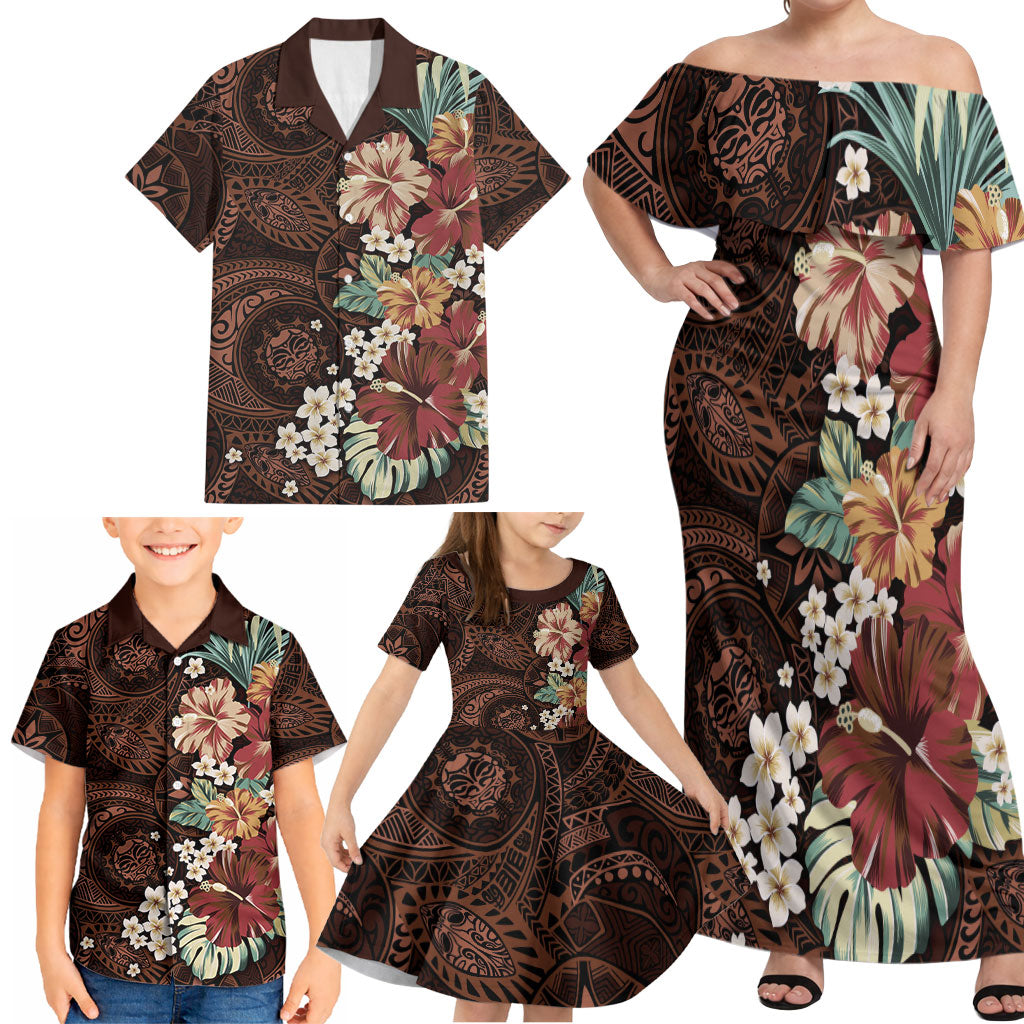 Kanoa Hawai'i Hibiscus Family Matching Off Shoulder Maxi Dress and Hawaiian Shirt Polynesian Tribal Tattoo Pattern Floral Elements LT9 - Polynesian Pride