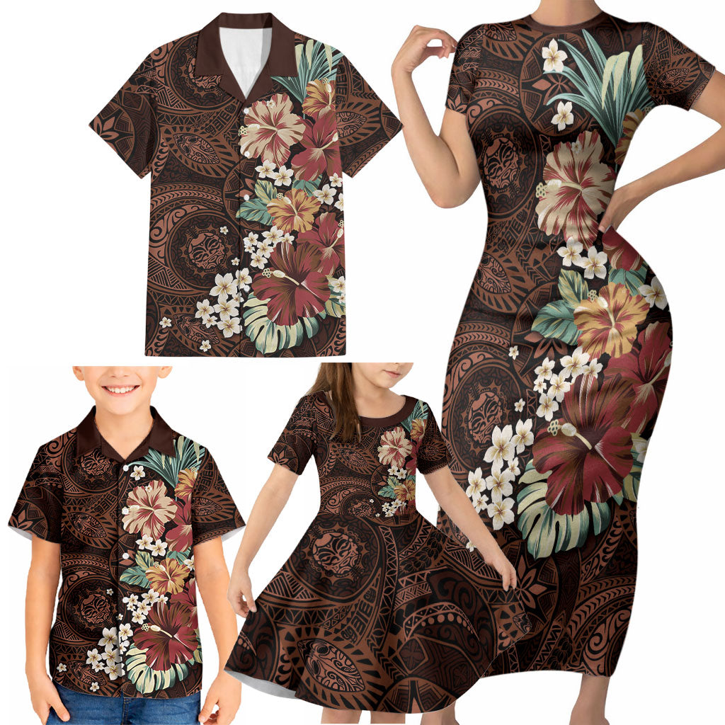 Kanoa Hawai'i Hibiscus Family Matching Short Sleeve Bodycon Dress and Hawaiian Shirt Polynesian Tribal Tattoo Pattern Floral Elements