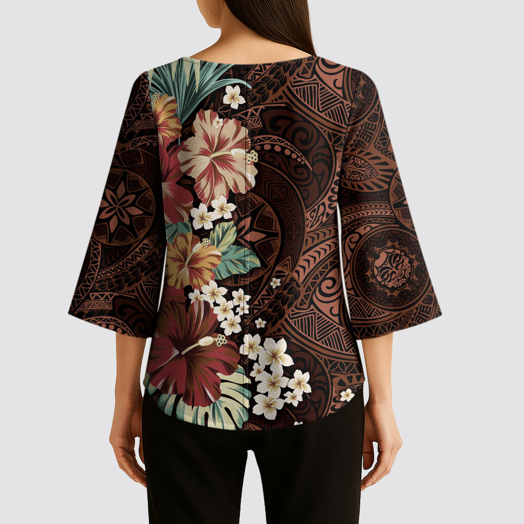 Kanoa Hawai'i Hibiscus Kimono Sleeve Blouse Polynesian Tribal Tattoo Pattern Floral Elements