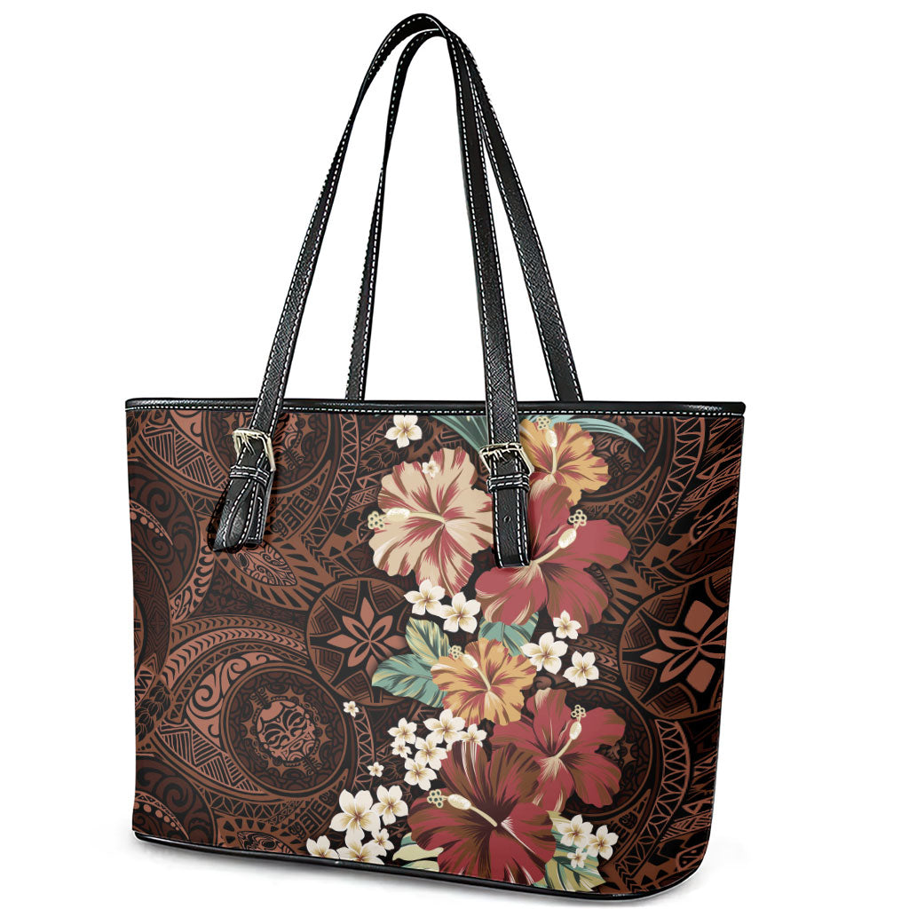 Kanoa Hawai'i Hibiscus Leather Tote Bag Polynesian Tribal Tattoo Pattern Floral Elements