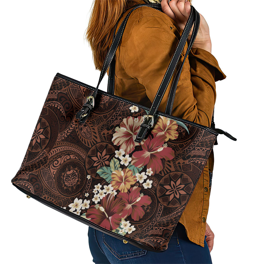 Kanoa Hawai'i Hibiscus Leather Tote Bag Polynesian Tribal Tattoo Pattern Floral Elements