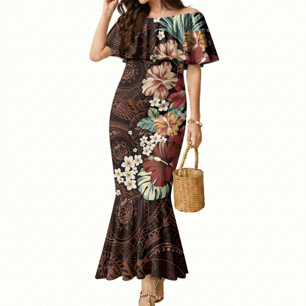Kanoa Hawai'i Hibiscus Mermaid Dress Polynesian Tribal Tattoo Pattern Floral Elements